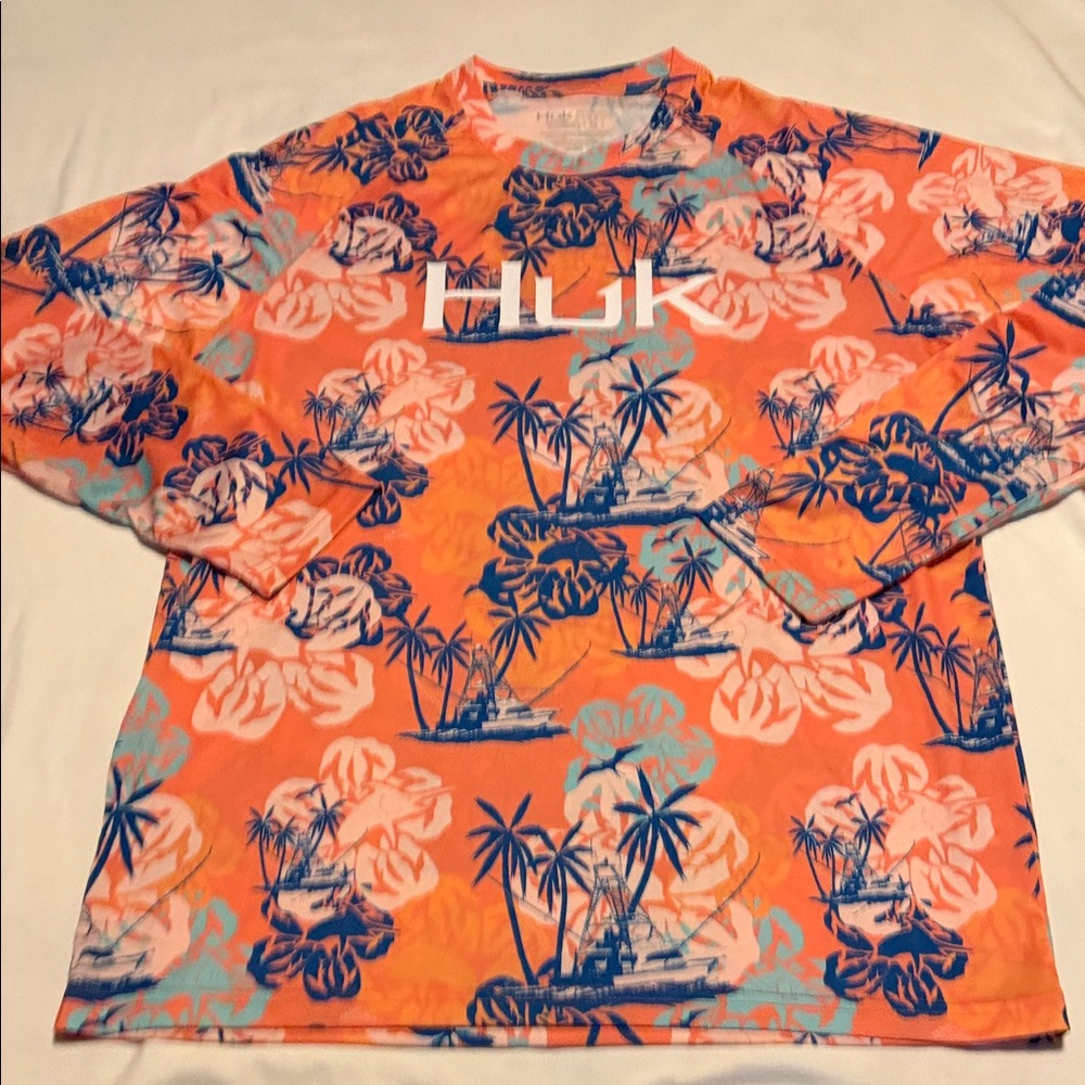 Huk Fishing Orange and Blue Tropical Shirt New Never Worn